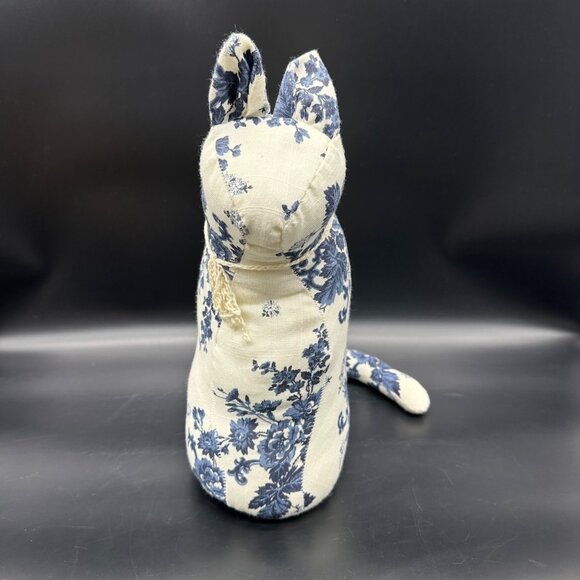 Handmade Stuffed Cat Blue White Floral Fabric Kitty Decorative Retro Flowers - Picture 2 of 8